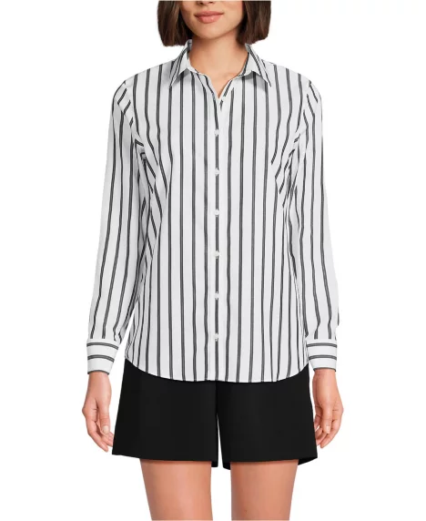 Women's Petite No Iron Button Front Shirt - Black dual stripe
