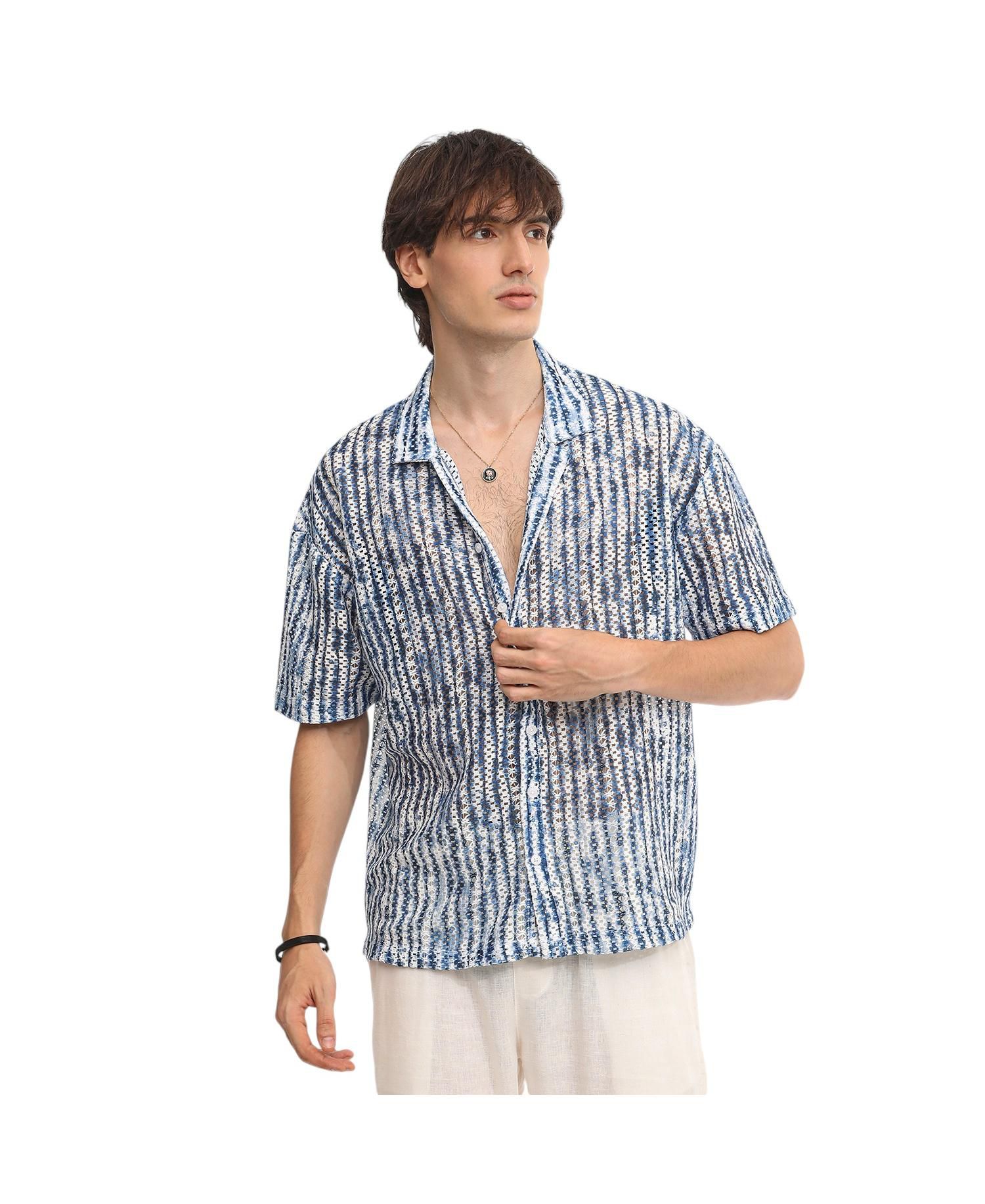 Men's Navy Blue & Ivory White Ombre-Striped Oversized Shirt