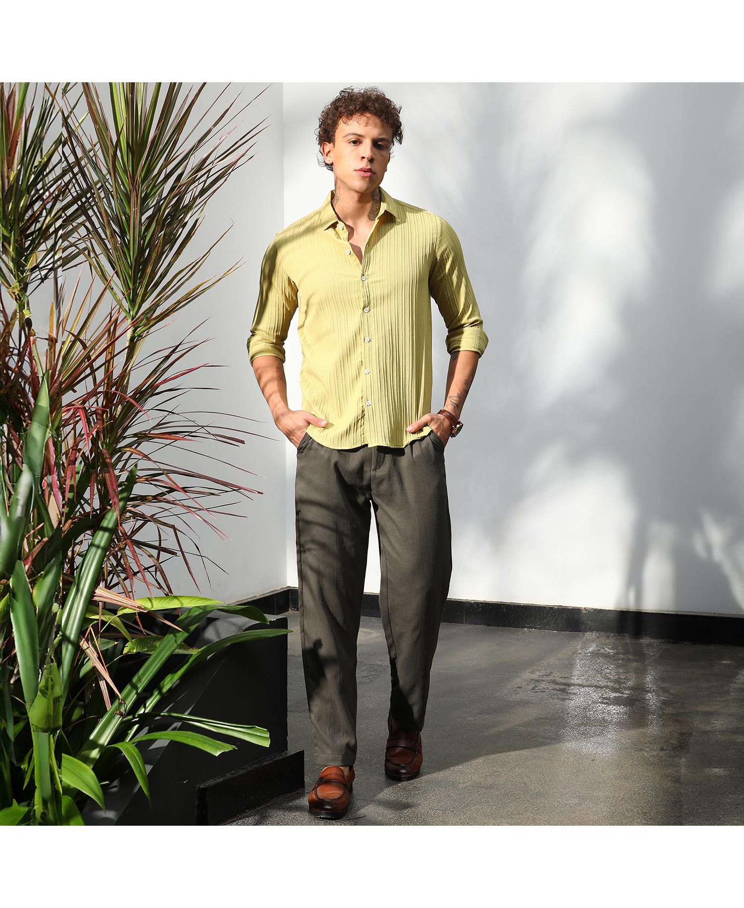 Men's Naples Yellow Self-Design Striped Shirt