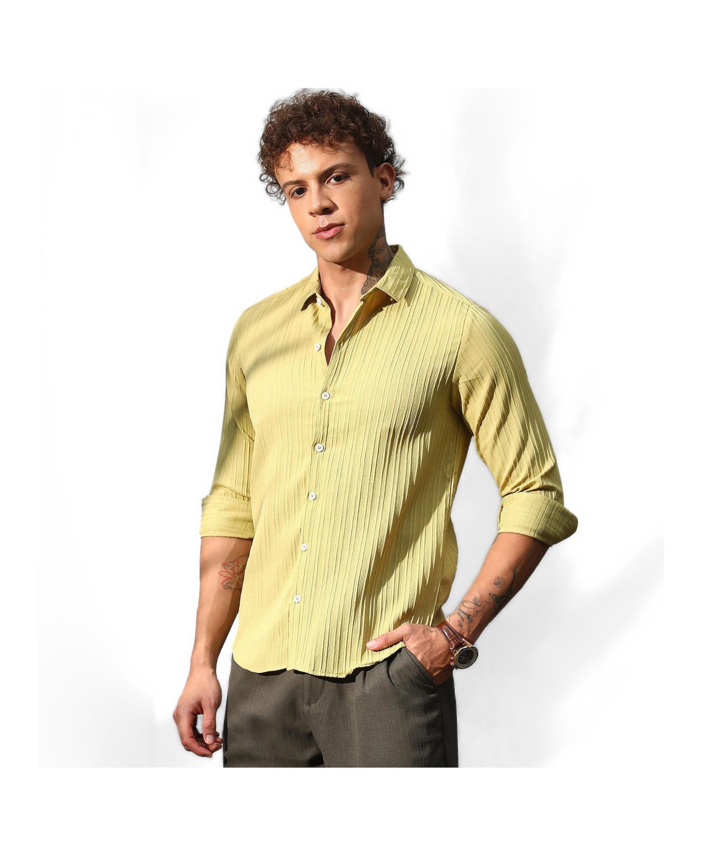 Мужская рубашка Cahoot Campus Sutra Naples Yellow Self-Design Striped, цвет: Жёлтый — фото 7