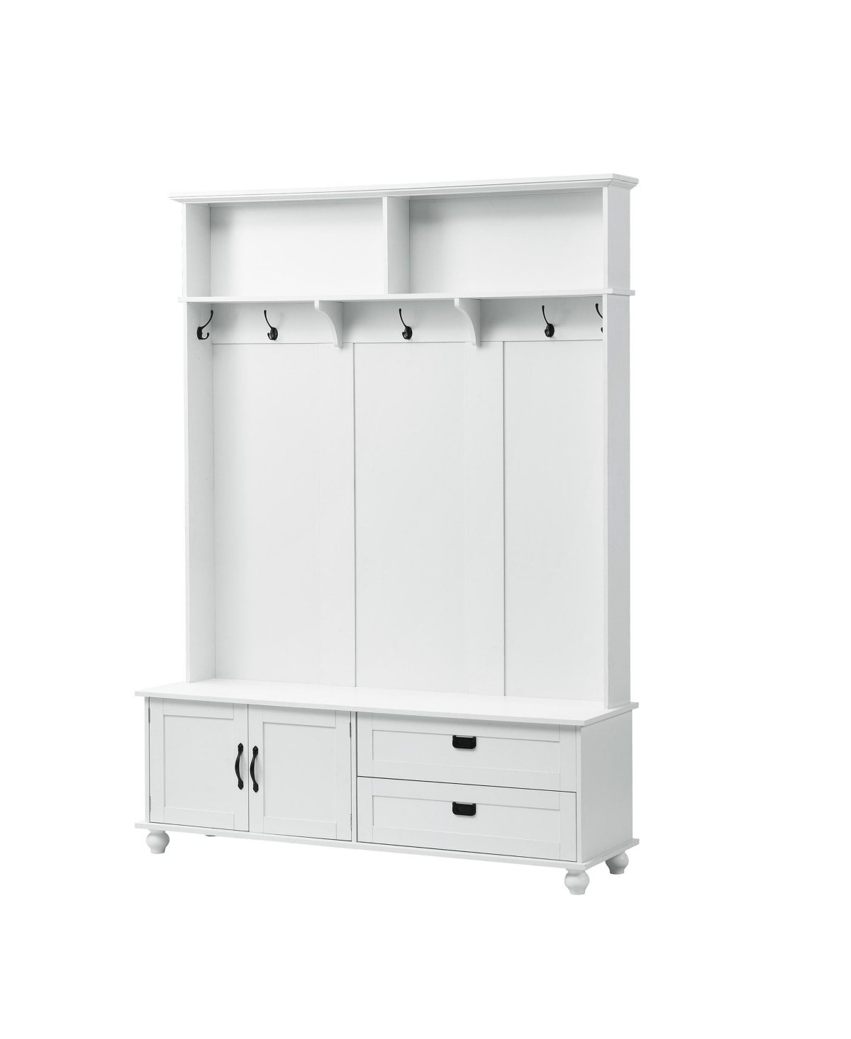 Slickblue Modern Hall Tree with Storage Cabinet & 2 Large Drawers: Wide Mudroom Bench with 5 Coat Hooks -- White