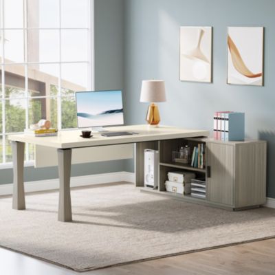 71-Inch Executive Desk, L-Shaped Desk with Cabinet, Large Office Desk with Storage Shelves, Writing Table Desk Business Furniture Set