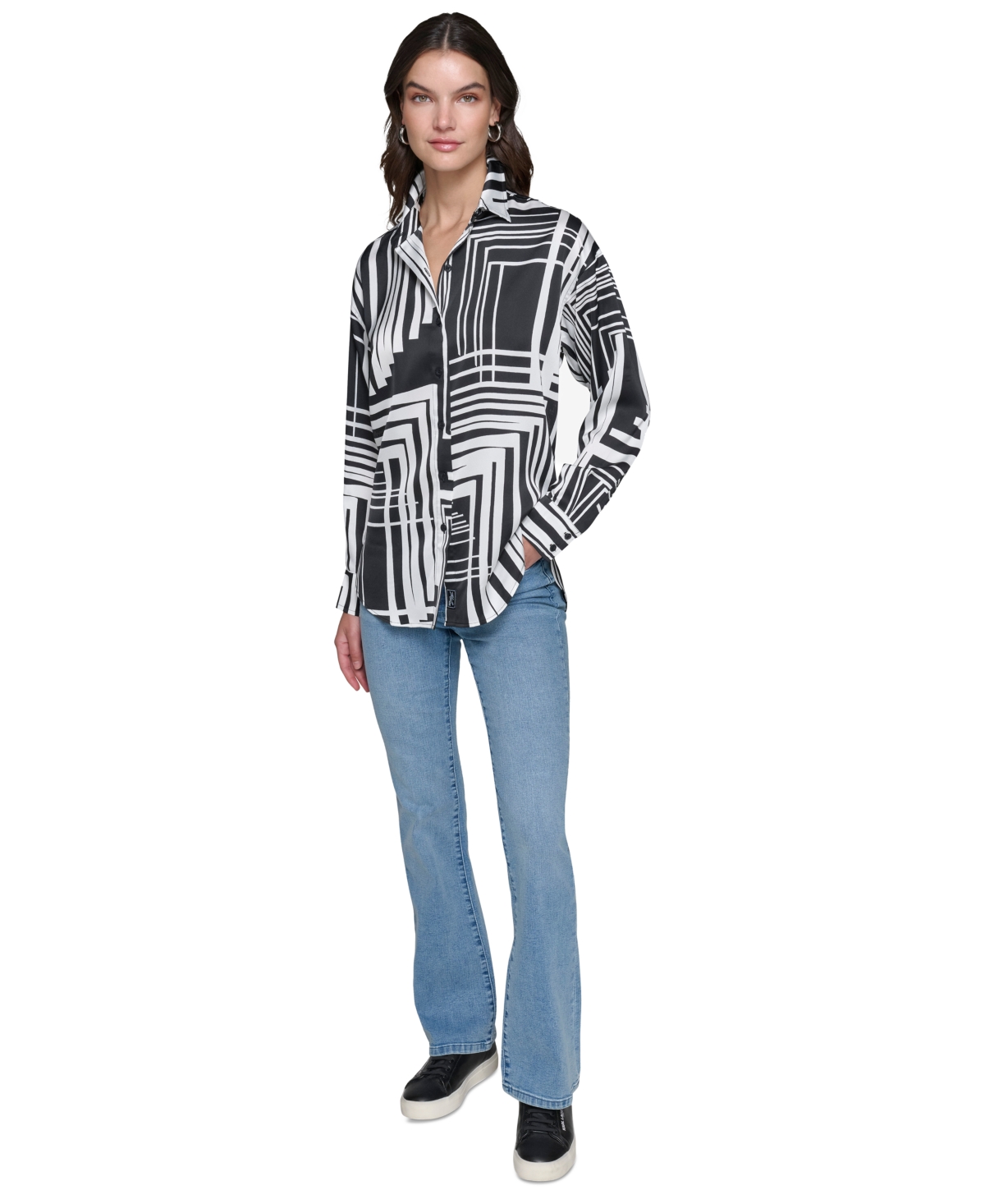Karl Lagerfeld Paris Women's Oversized Printed Satin Button-Front Top - Black  Soft White