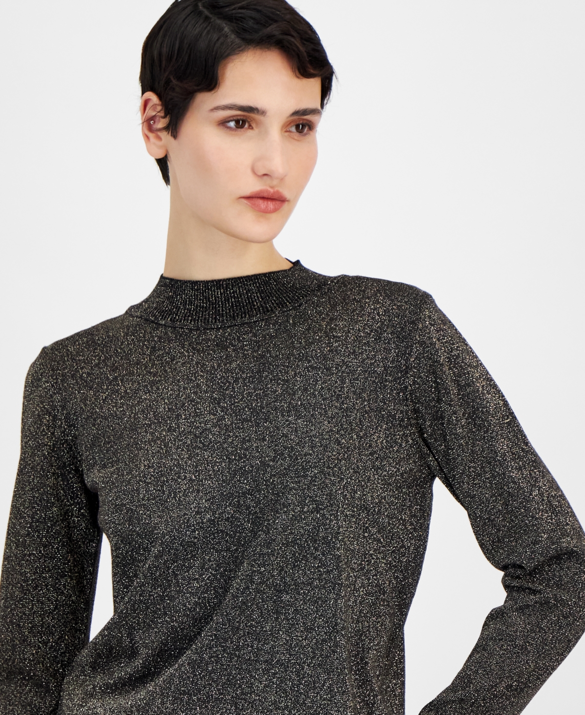 T Tahari Women's Metallic Mock-neck Long-sleeve Sweater In Black,gold Lurex