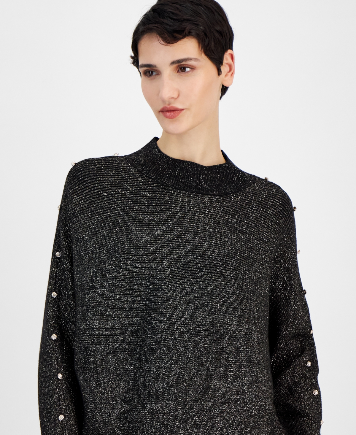 T Tahari Women's Metallic Embellished Ribbed Mock-neck Sweater In Black,gold