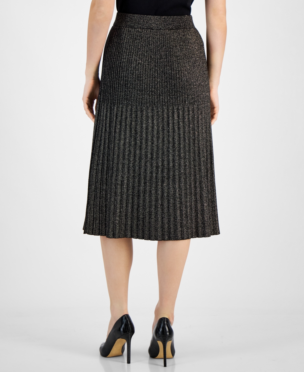T Tahari Women's Metallic Pleated Pull-On Midi Skirt -gold Lurex