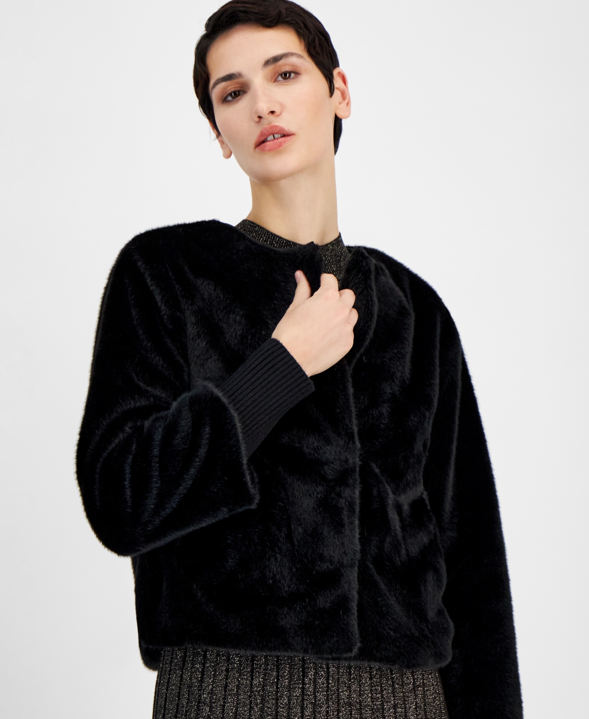 T Tahari Women's Crewneck Cropped Faux-Fur Jacket