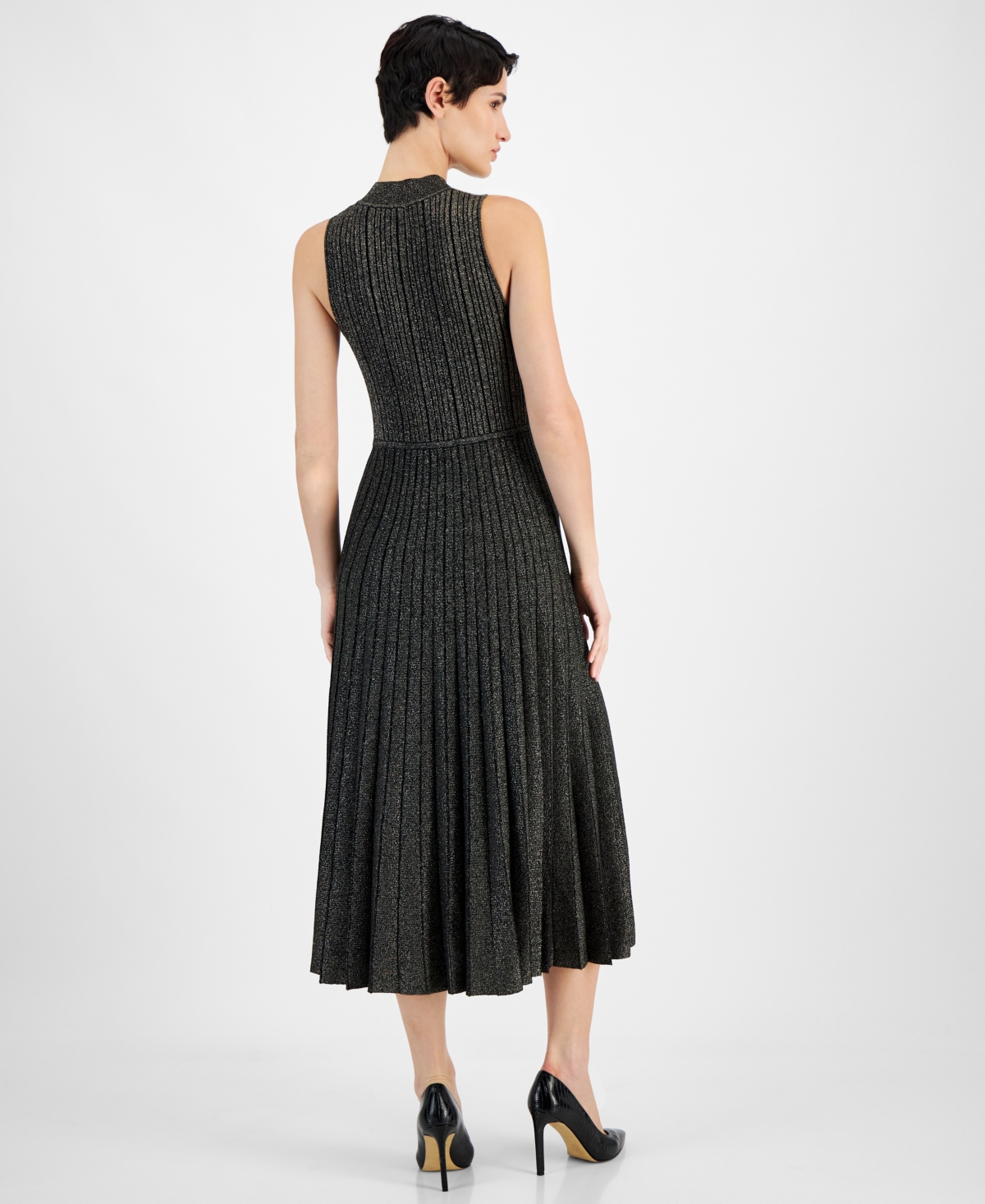 T Tahari Women's Metallic Mock-Neck Pleated Fit & Flare Dress -gold Lurex