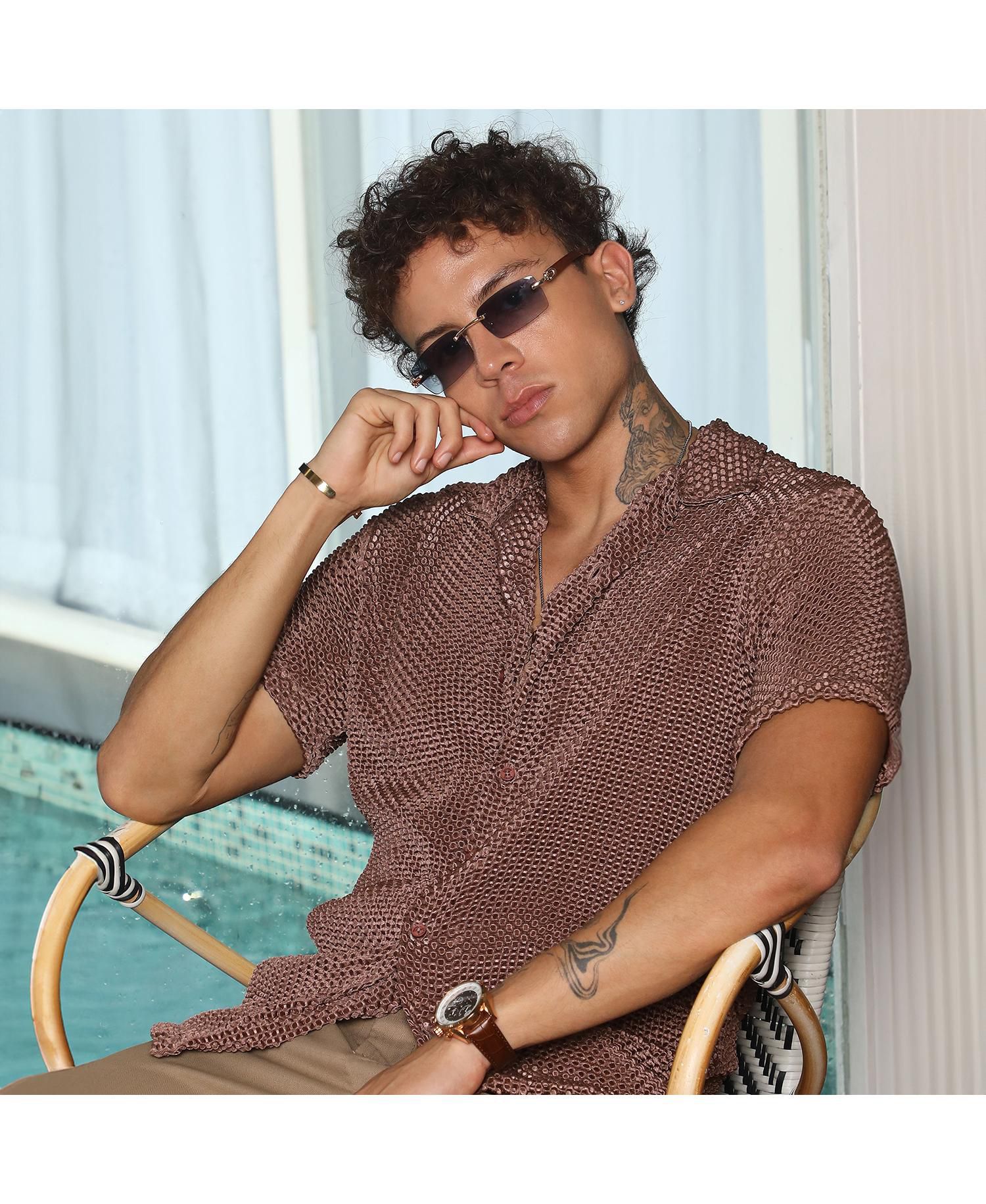 Men's Chocolate Brown Puffy-Textured Shirt