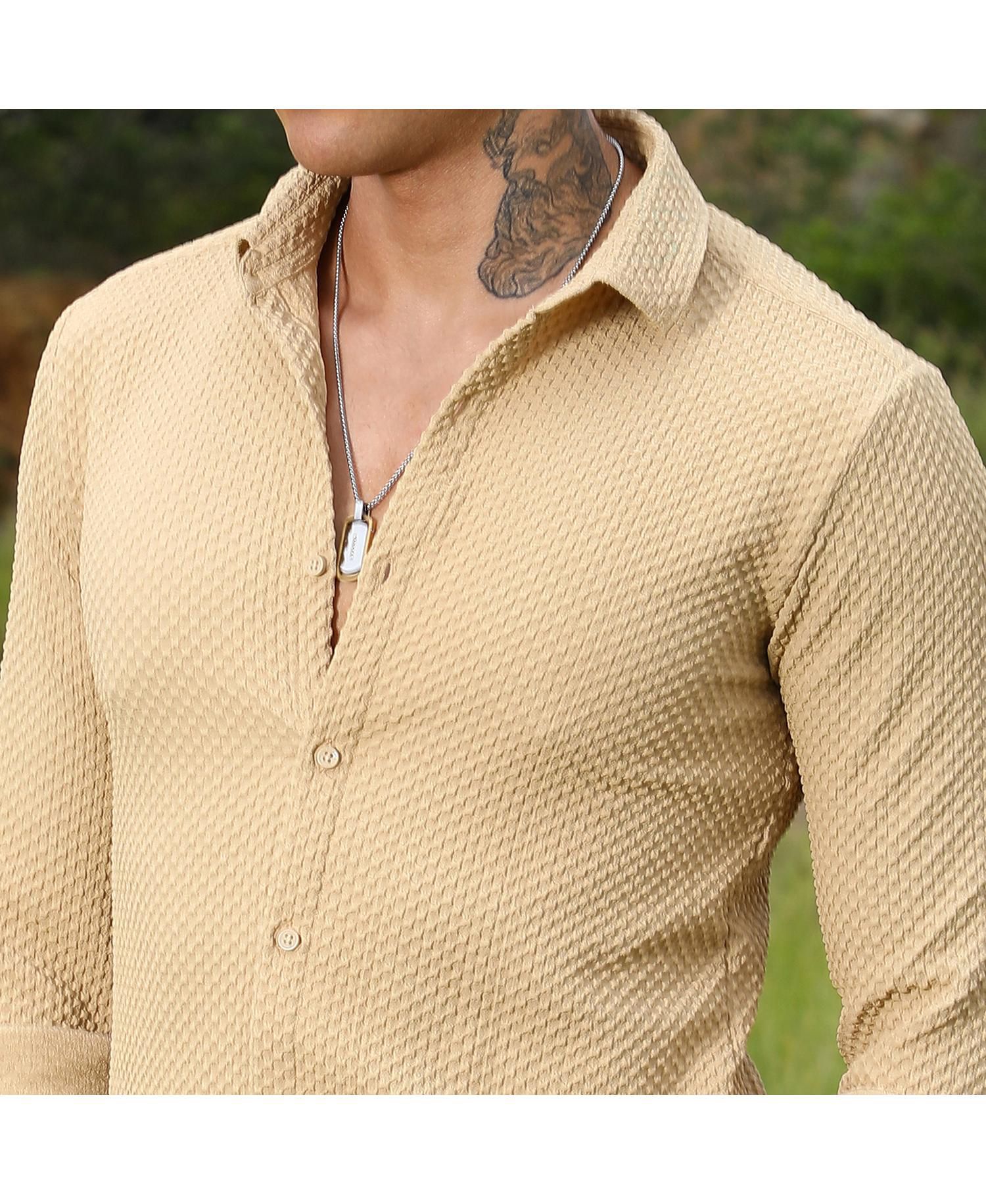 Men's Tan Brown Micro Cubic-Textured Shirt