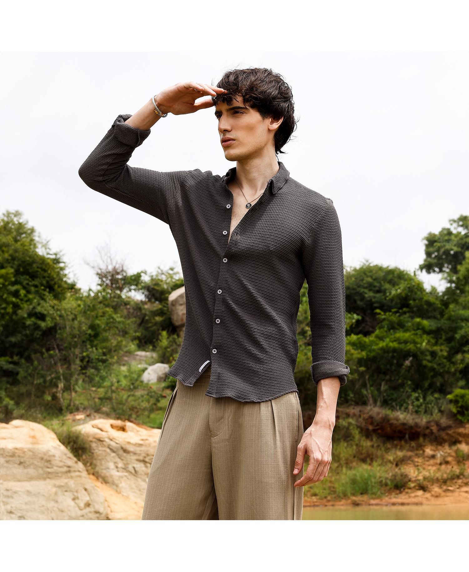 Men's Charcoal Black Weave-Textured Shirt