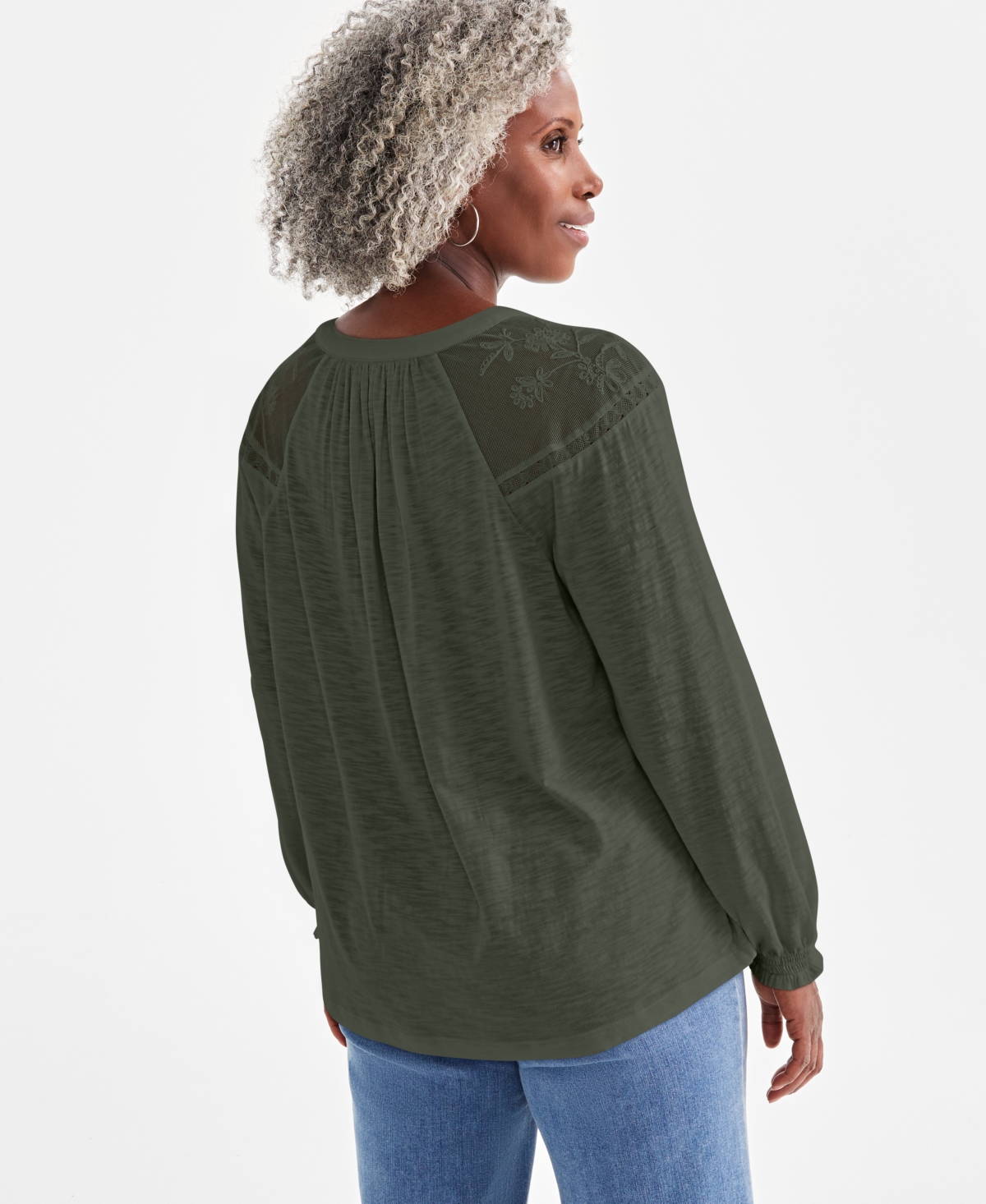 Style & Co Petite Mesh-trim Ruffled-cuff Top, Created For Macy's In Midnight Olive