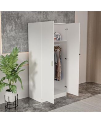 White 2-Doors Armoire Wardrobe with Hanging Rod and Storage Shelves