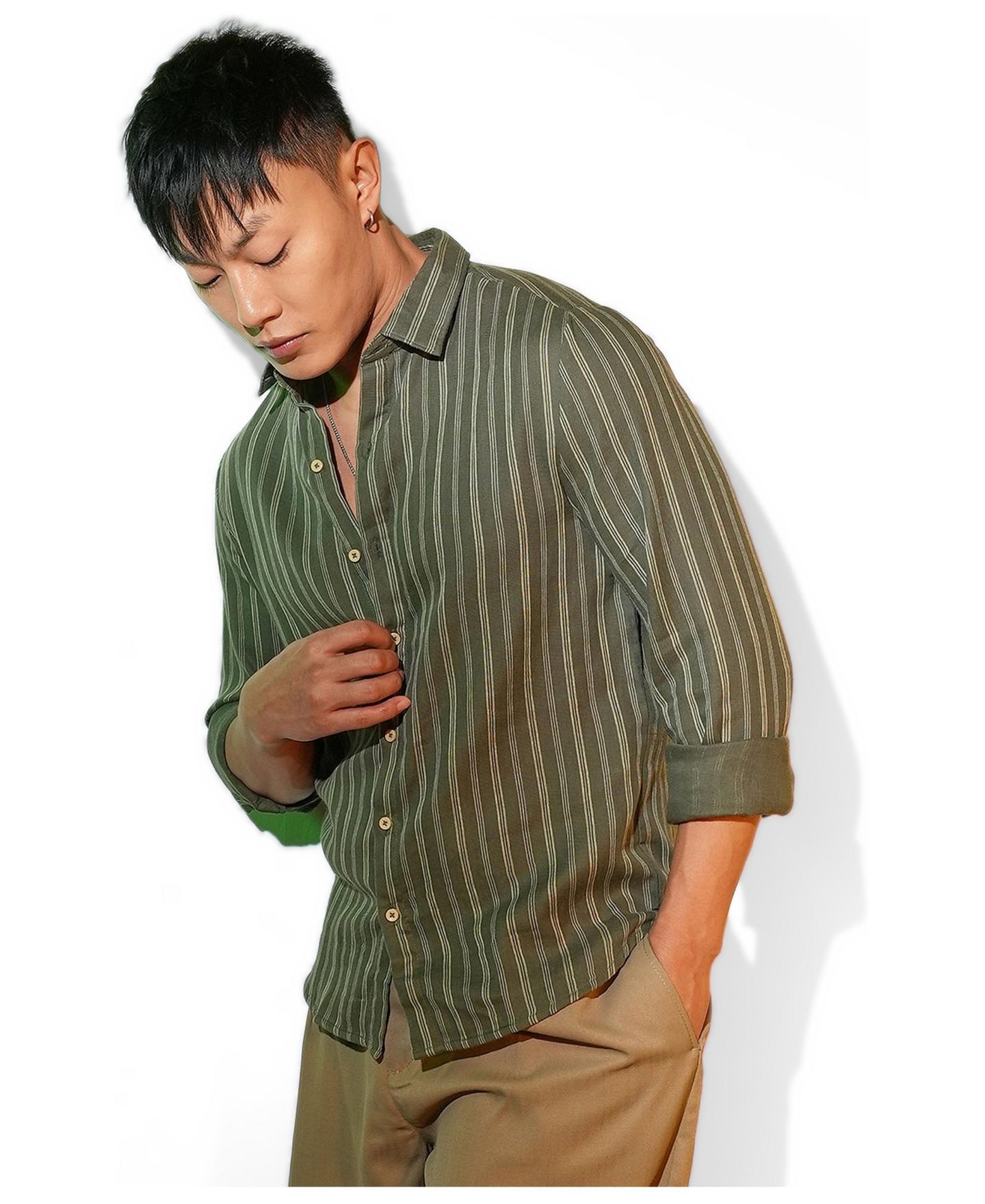 Мужская рубашка Cahoot Campus Sutra Moss Green Halo Striped, цвет: Зелёный — фото 3