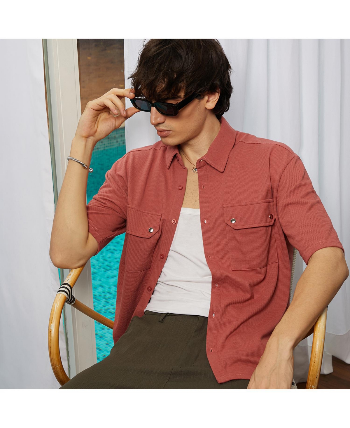 Campus Sutra Men's TerracottaUtility Knit Shirt - Orange