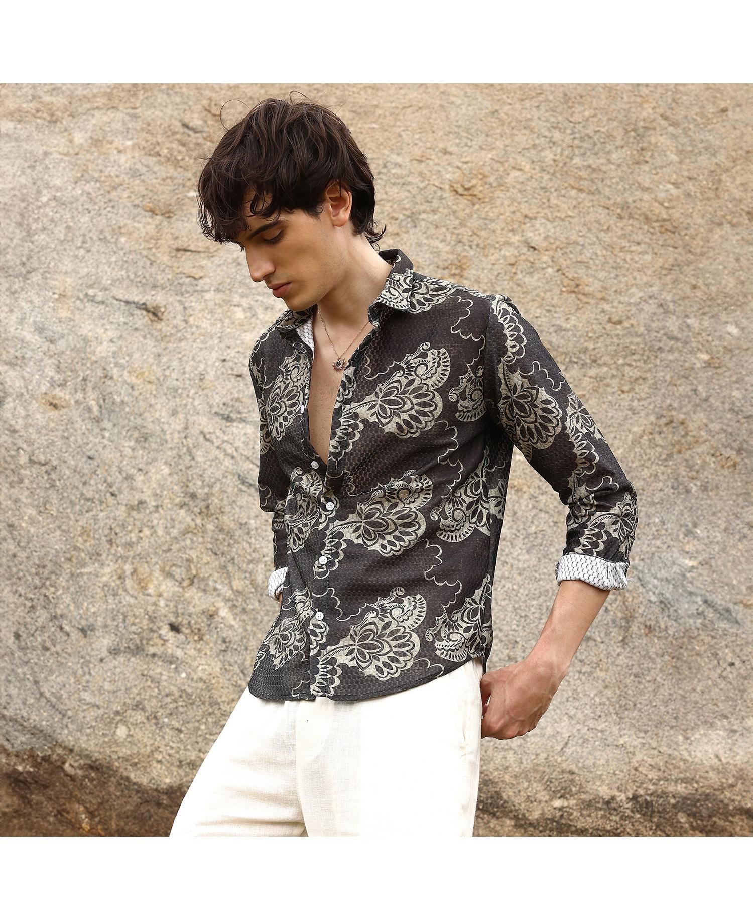 Men's Charcoal Black Floral Block Shirt