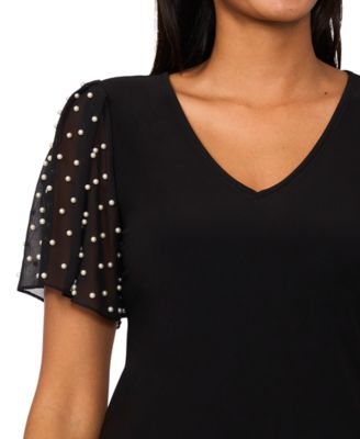 Women's V-Neck Pearl Short Flutter-Sleeve Top