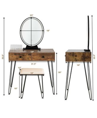 Industrial Makeup Dressing Table with 3 Lighting Modes-Rustic Brown