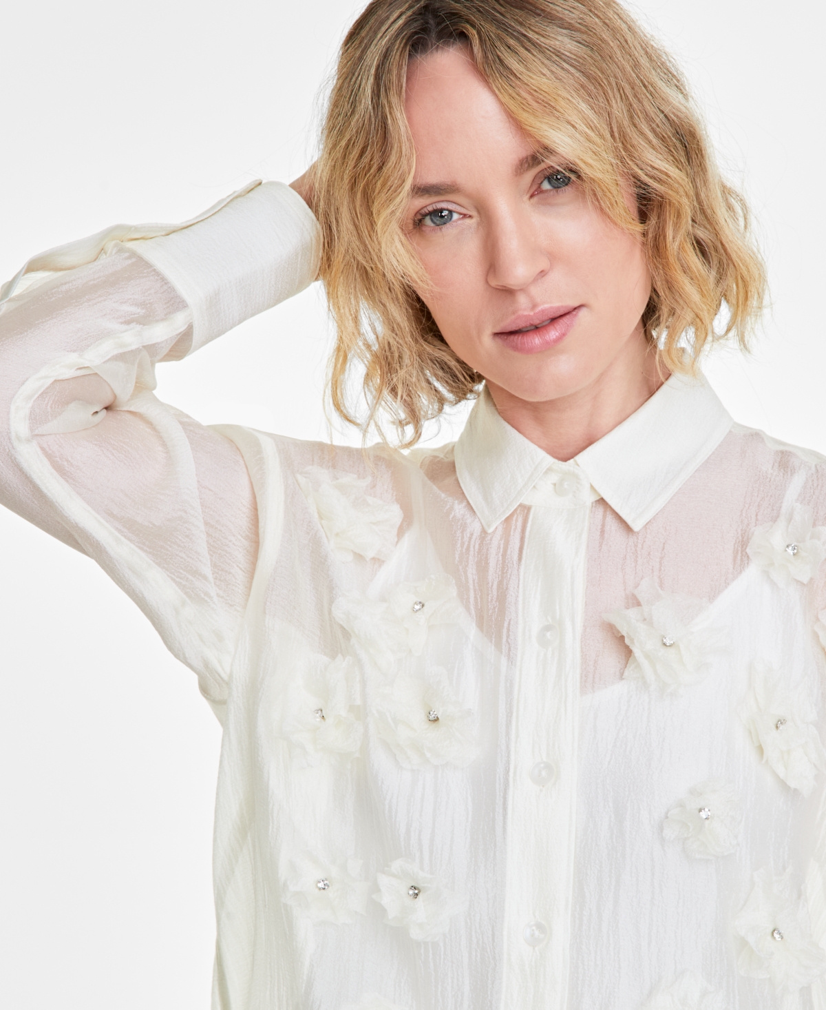 Shop On 34th Women's 3d Floral Relaxed Organza Shirt, Created For Macy's In Antique Shell