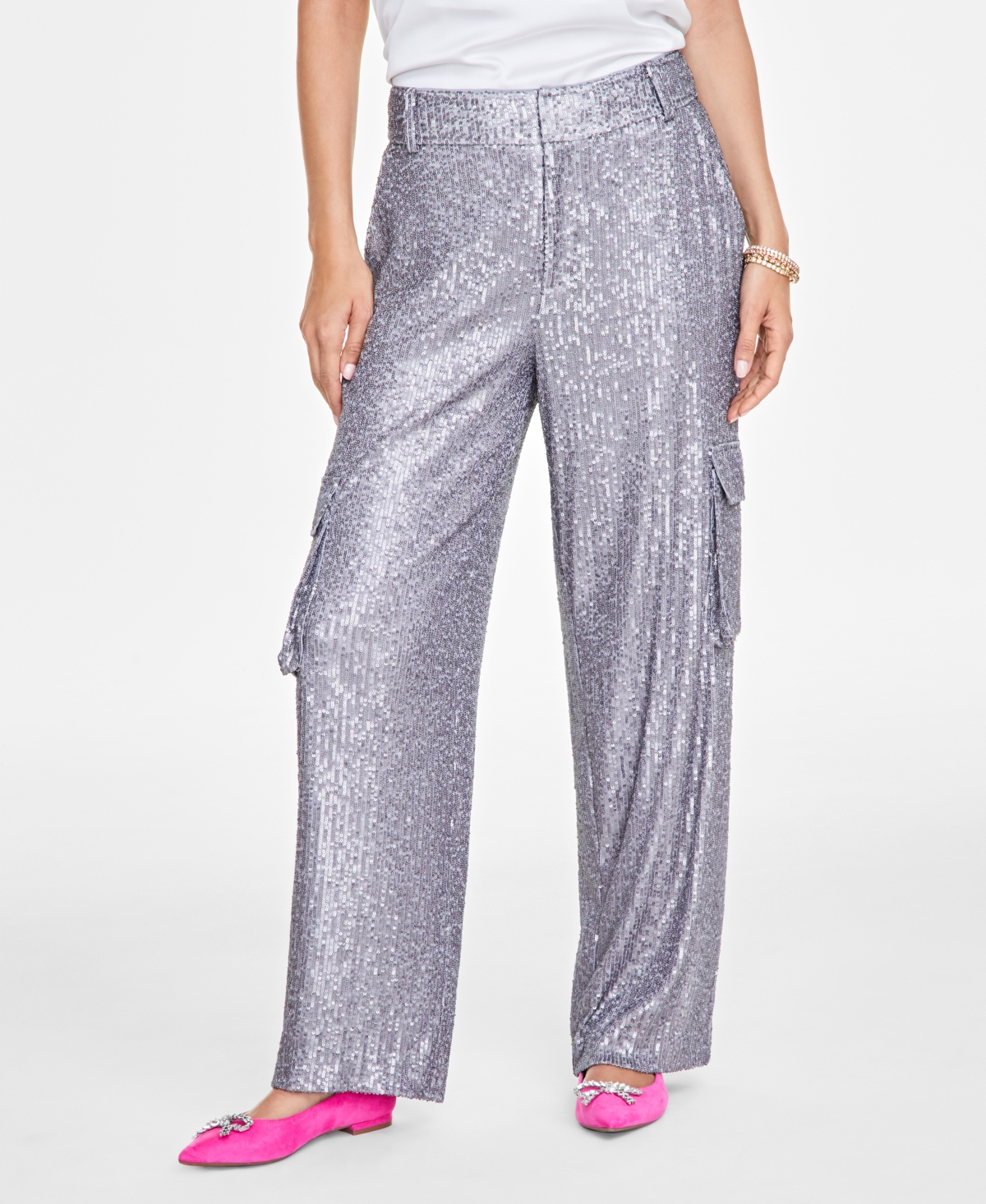 On 34th Trendy Plus Size Sequin Straight-leg Cargo Pants, Exclusively At Macy's In Shark Fin