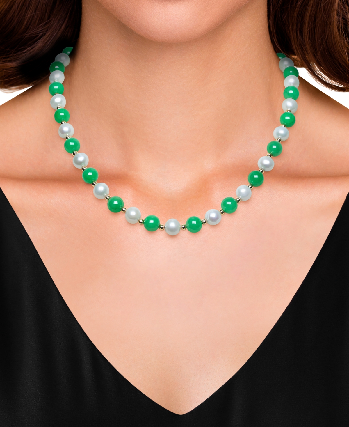 Macy's Dyed Green Jade & Freshwater Pearl (7-1/2mm) 18" Collar Necklace In 14k Gold In Yellow Gold