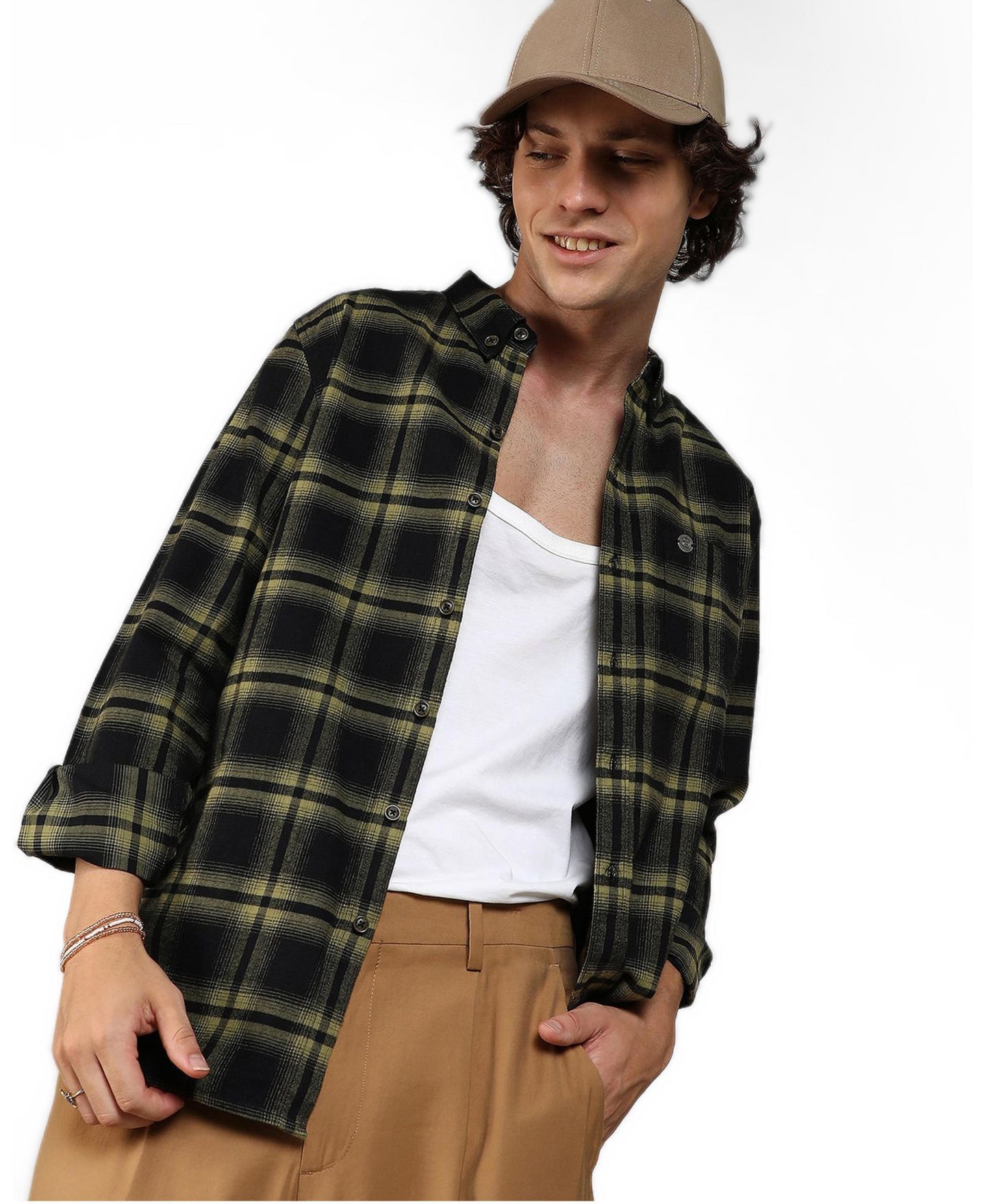 Мужская рубашка Cahoot Campus Sutra Midnight Black & Sage Green Brushed Buffalo Check, цвет: Чёрный — фото 5