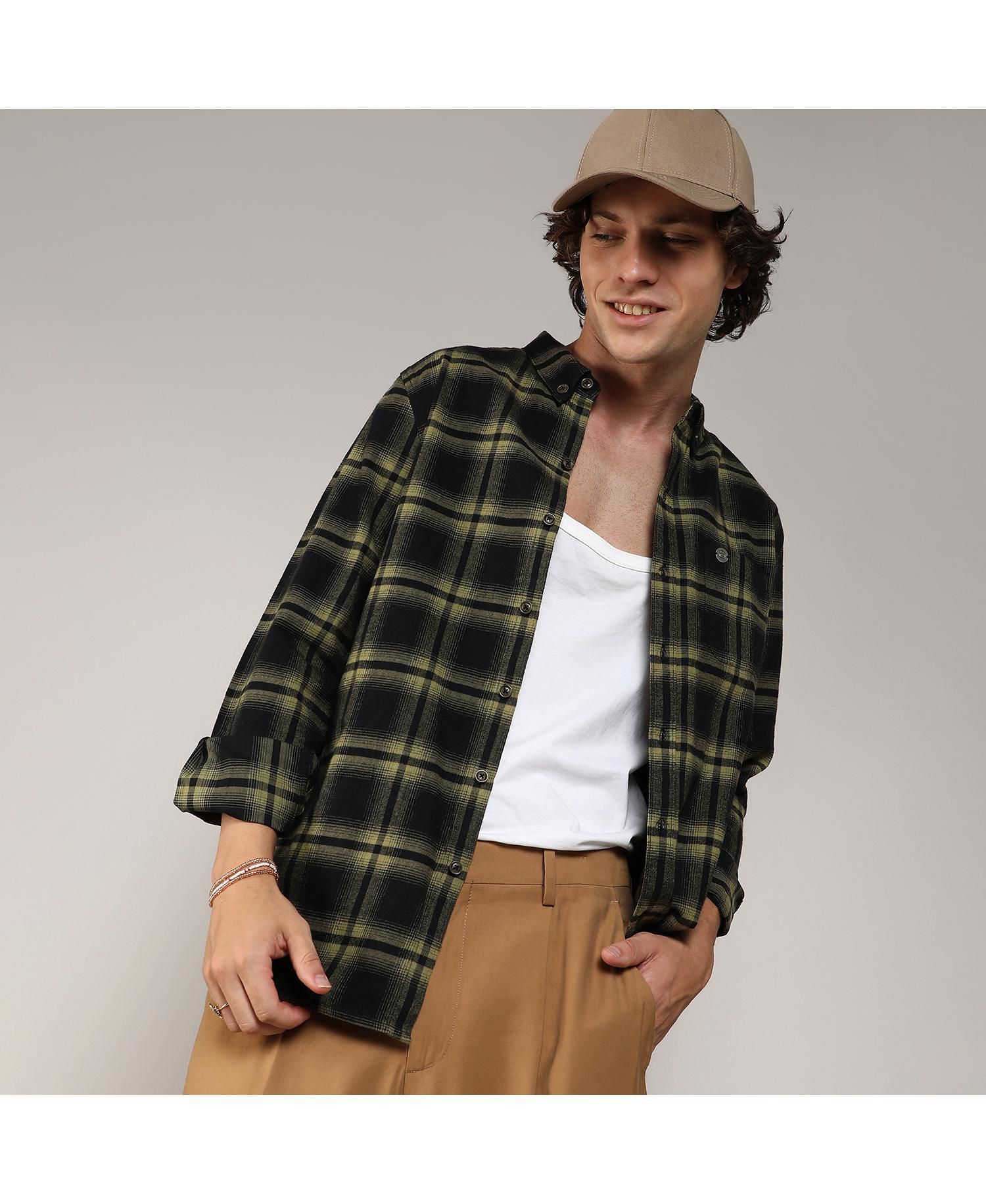 Men's Midnight Black & Sage Green Brushed Buffalo Check Shirt