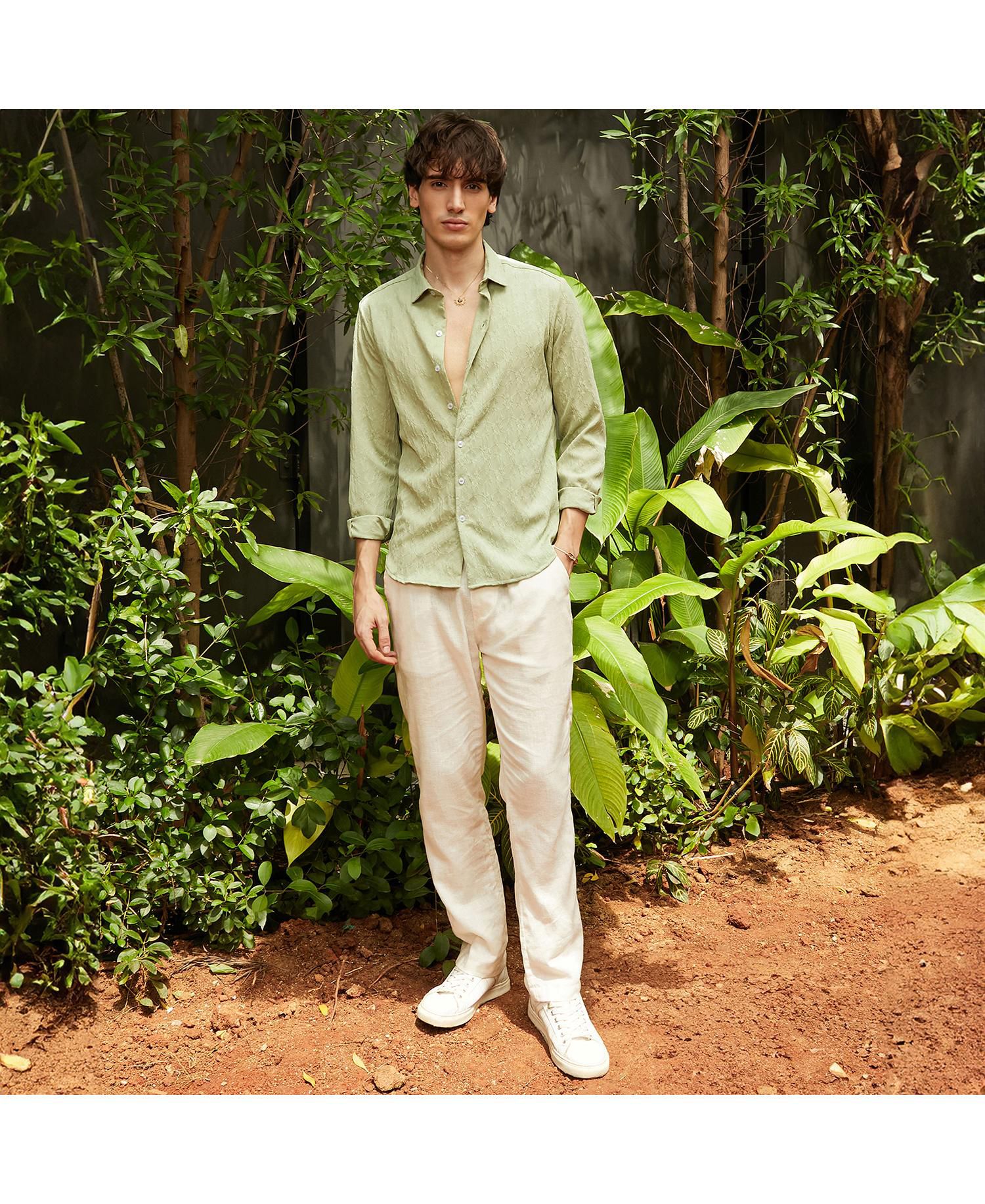 Men's Avocado Green Floral-Textured Shirt