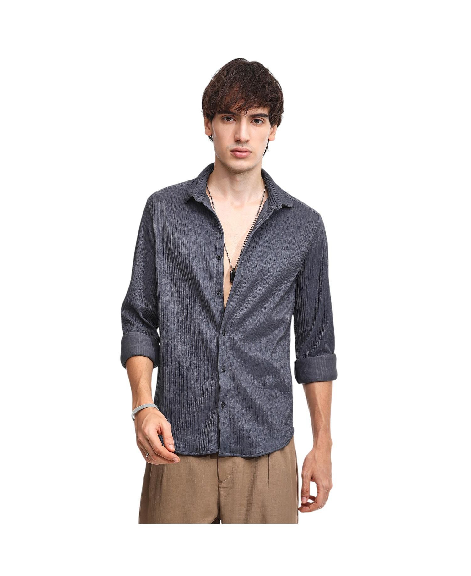 Men's Powder Grey Solid Creased Shirt