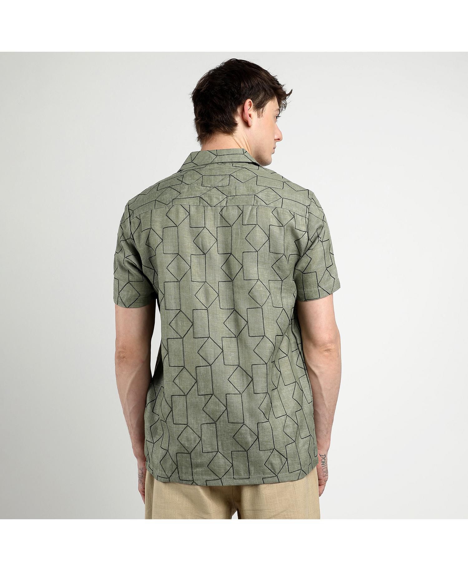 Men's Olive Green Embroidered Geometric-Lined Shirt