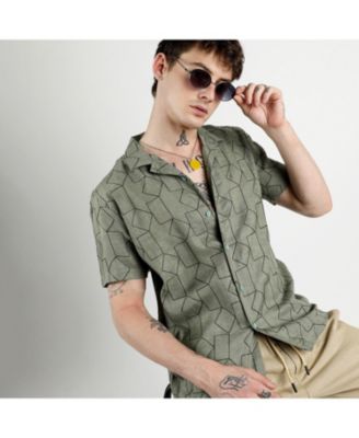 Men's Olive Green Embroidered Geometric-Lined Shirt