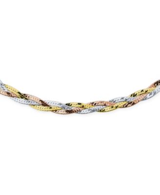 Flat Yellow Rose Gold Overlay Sterling Silver 5MM Twist 3 Tri Tone Herringbone Braided Magic Snake Chain Necklace