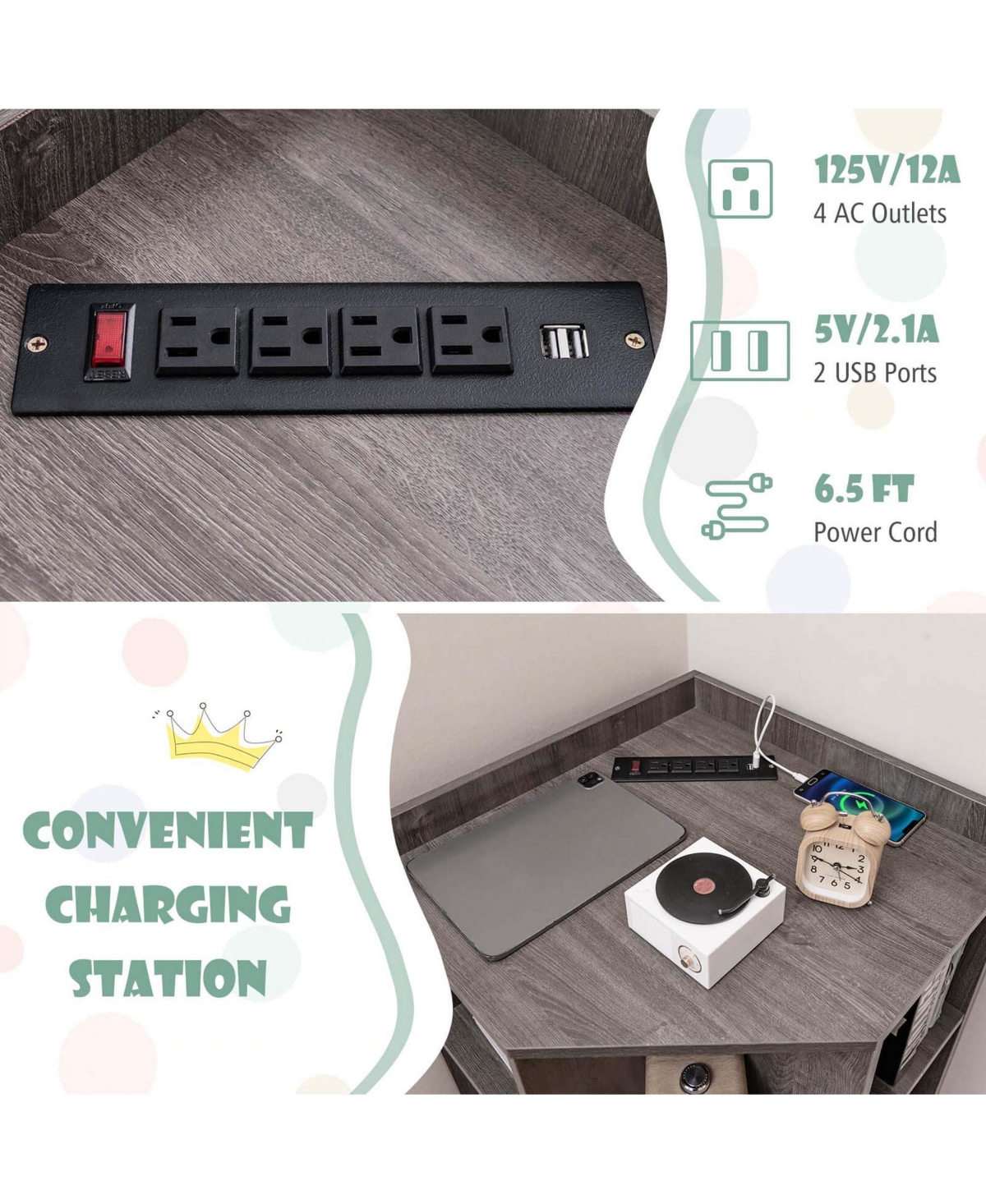 Costway 3-Tier Kids Corner Toy Storage Organizer with Usb Ports and Outlets 9 Cubbies