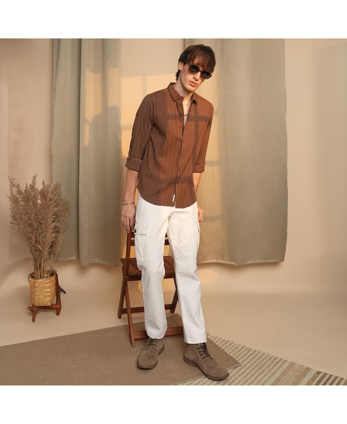 Campus Sutra Men's ChocolateGeometric-Textured Knit Shirt - Brown