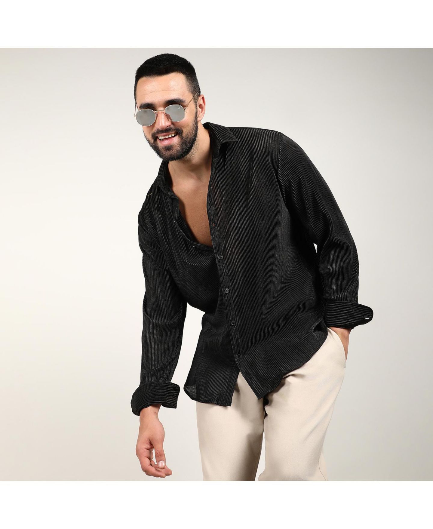 Мужская рубашка Campus Sutra Midnight Black Pleat-Creased, цвет: Чёрный — фото 6