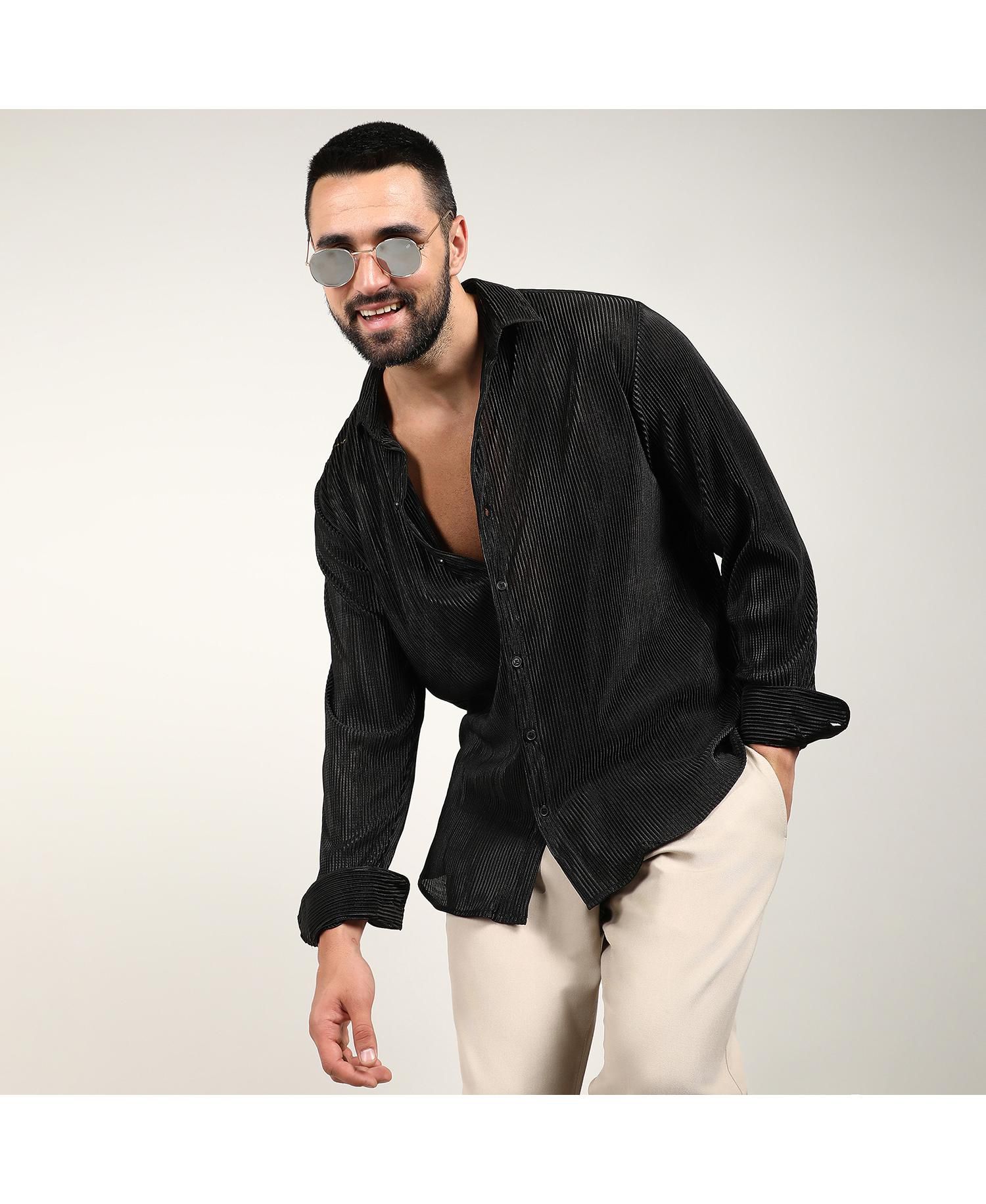 Men's Midnight Black Pleat-Creased Shirt