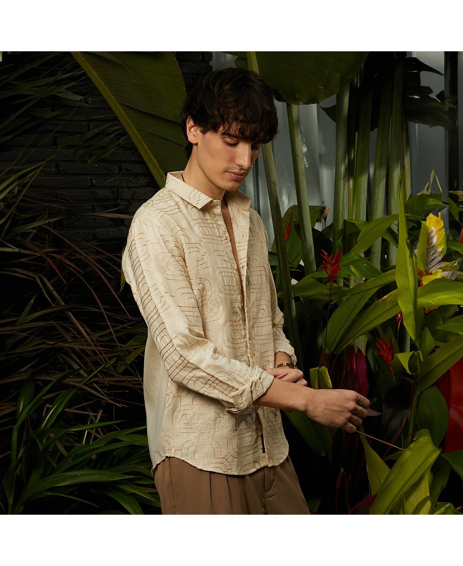 Men's Khaki Beige Curve-Lined Shirt