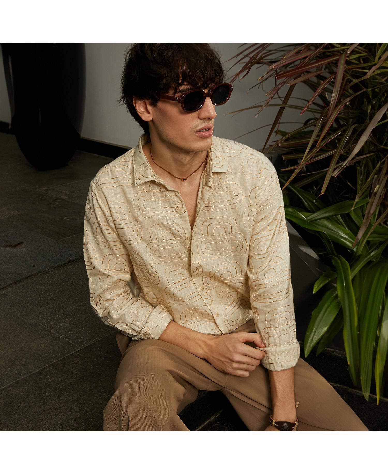 Men's Khaki Beige Curve-Lined Shirt