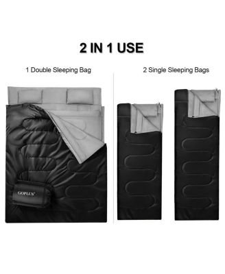 Double 2 Person Sleeping Bag Waterproof w/ 2 Pillows Camping Queen Size XL