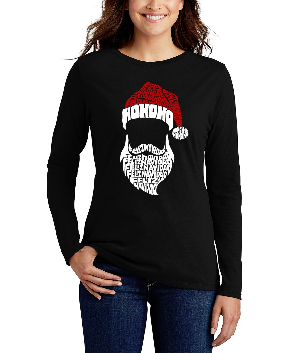 LA POP ART WOMEN'S FELIZ NAVIDAD SANTA CLAUS WORD ART LONG SLEEVE T-SHIRT 