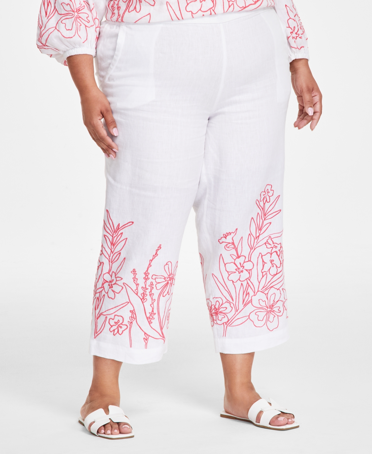 CHARTER CLUB PLUS SIZE 100% LINEN EMBROIDERED CROPPED PANTS, EXCLUSIVELY AT MACY'S 
