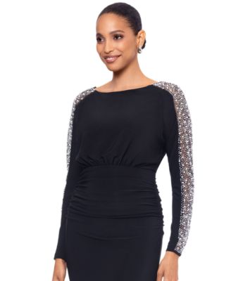 Women's Beaded-Sleeve Ruched Gown