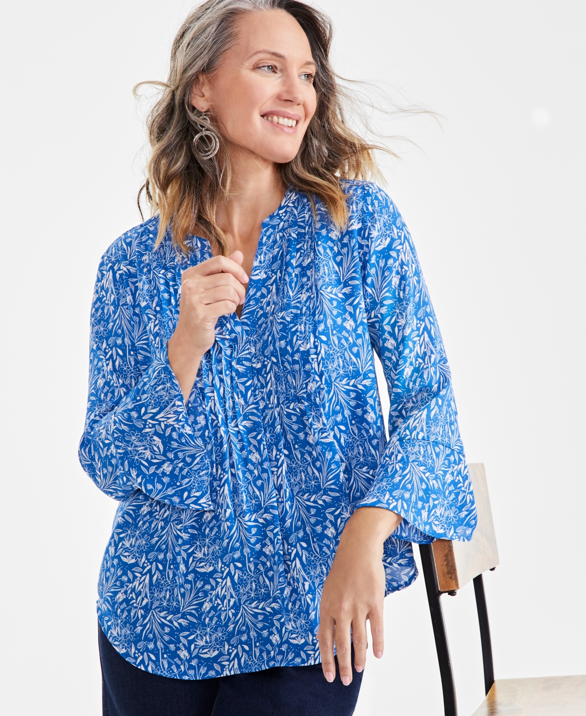 Style & Co Women's Printed Pintuck Ruffle-sleeve Top, Created For Macy's In Dainty Floral