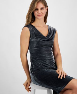 Women’s Drape-Neck Side-Pleat Shimmer Dress