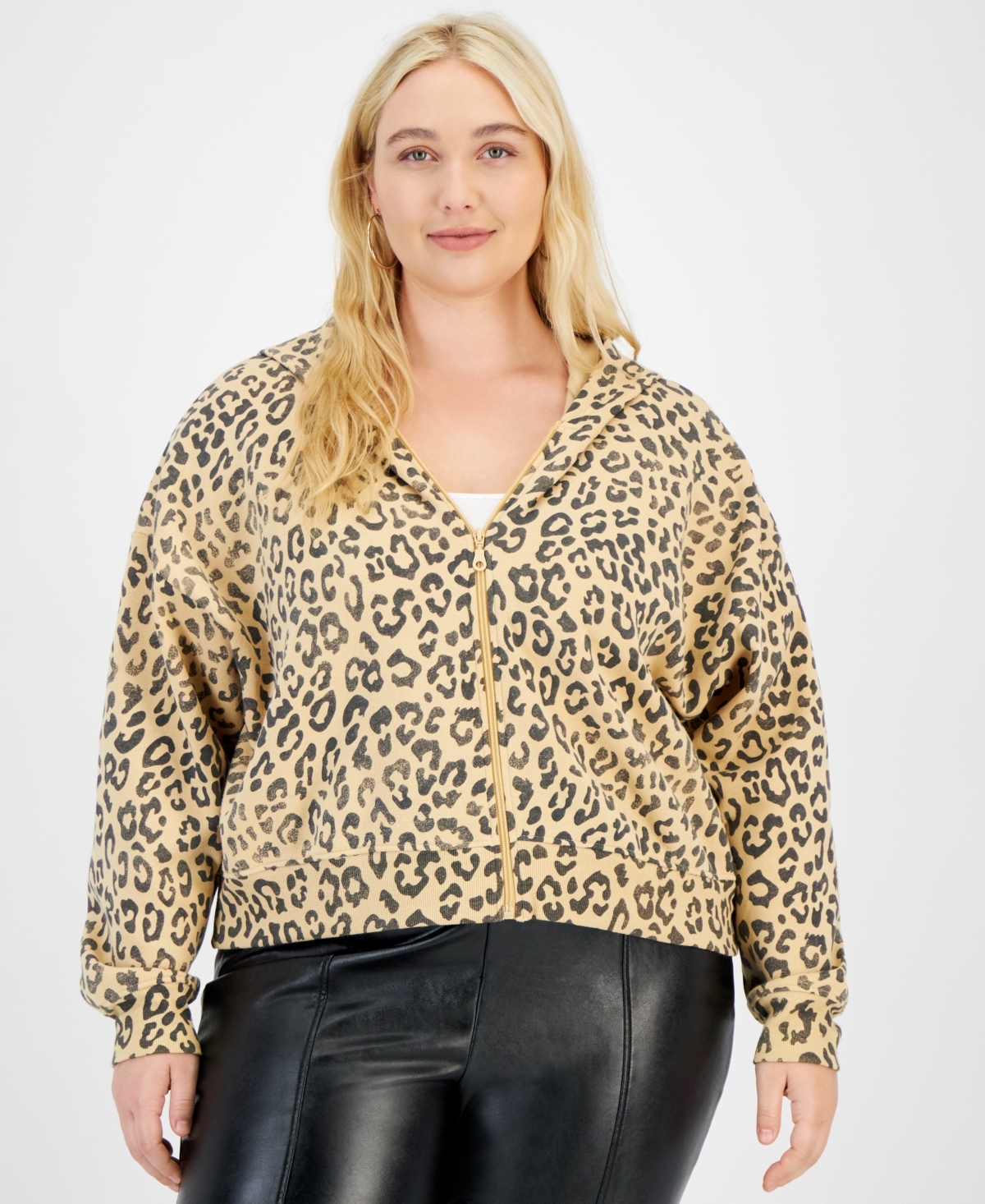 Trendy Plus Size Cheetah-Print Hoodie - Beige