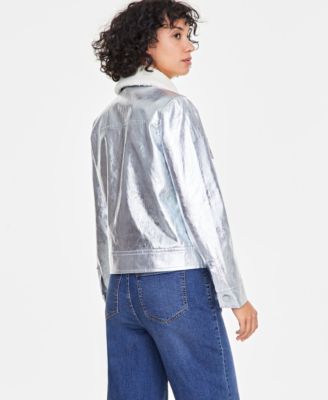 Women's Solid Metallic Faux-Leather Jacket with Removable Faux-Sherpa Collar, Exclusively at Macy's