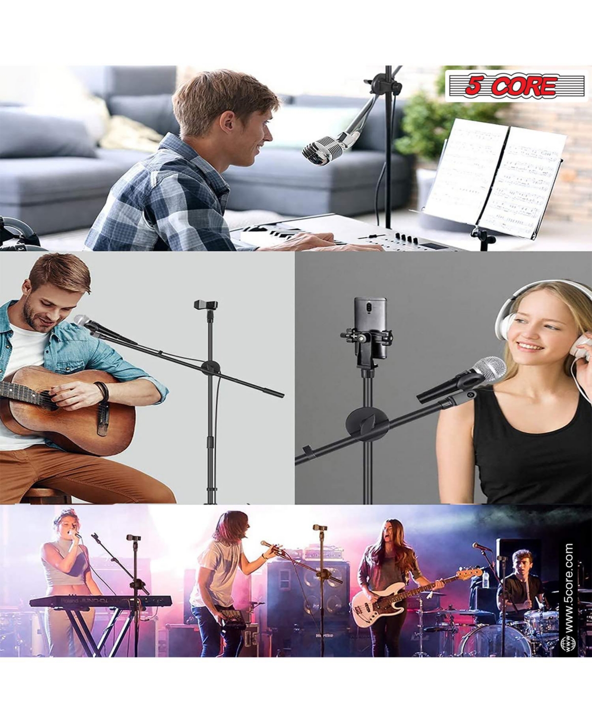 5 Core Tripod Mic Stand Pair Floor Adjustable 31 to 76 Inches Boom Arm Holder Microphone Stands 360 Degree Rotating + Dual Mic Ms Dbl 2PCS