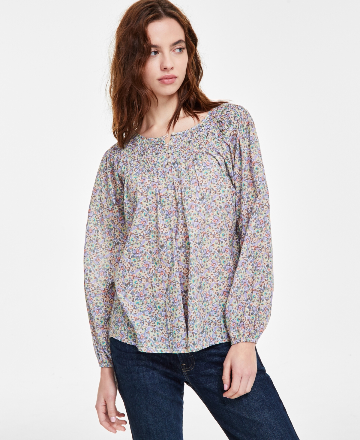 LUCKY BRAND WOMEN'S SMOCKED LONG-SLEEVE BLOUSE 