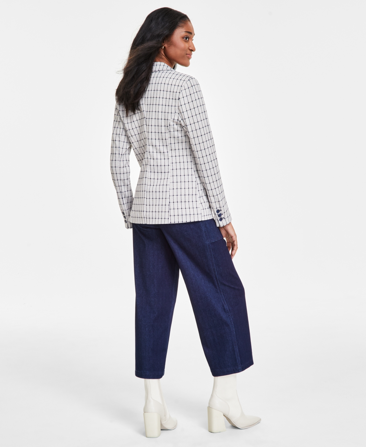 Shop Liverpool Los Angeles Women's Check Fitted Notch-collar Blazer In Navy Taupe Grid