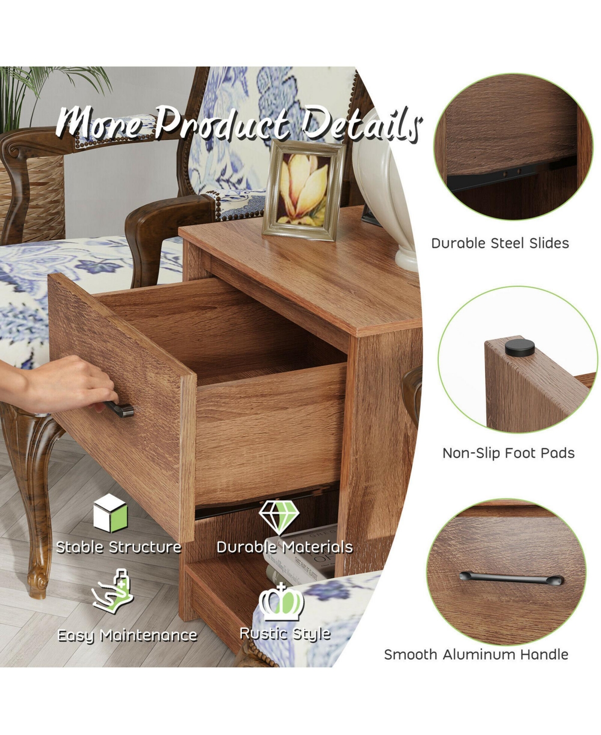 Gymax 2PCS Nightstand with Drawer Storage Shelf Wooden End Side Table Bedroom- Brown